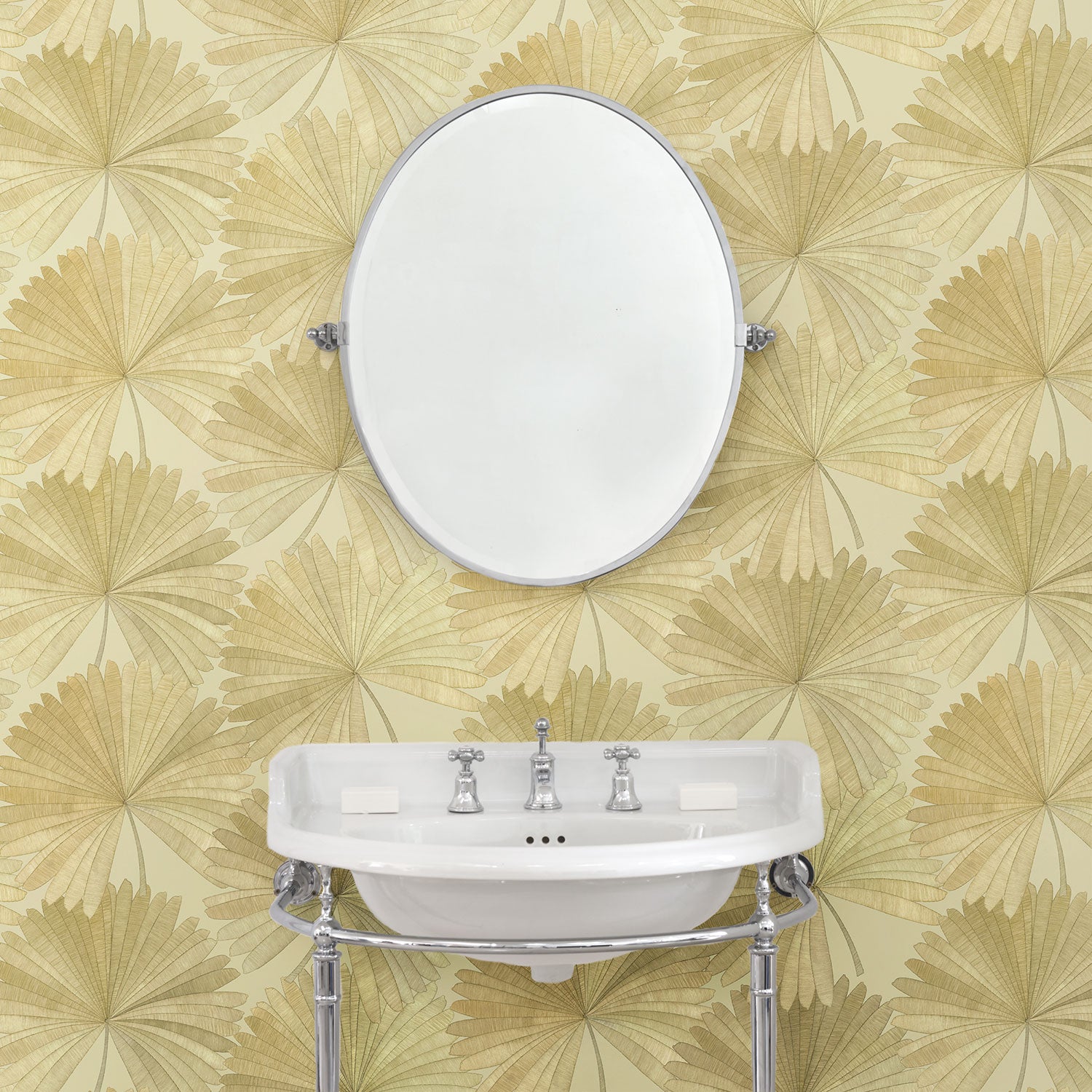 Bathroom featuring a contemporary floral wallpaper with tropical palms in neutral shades.