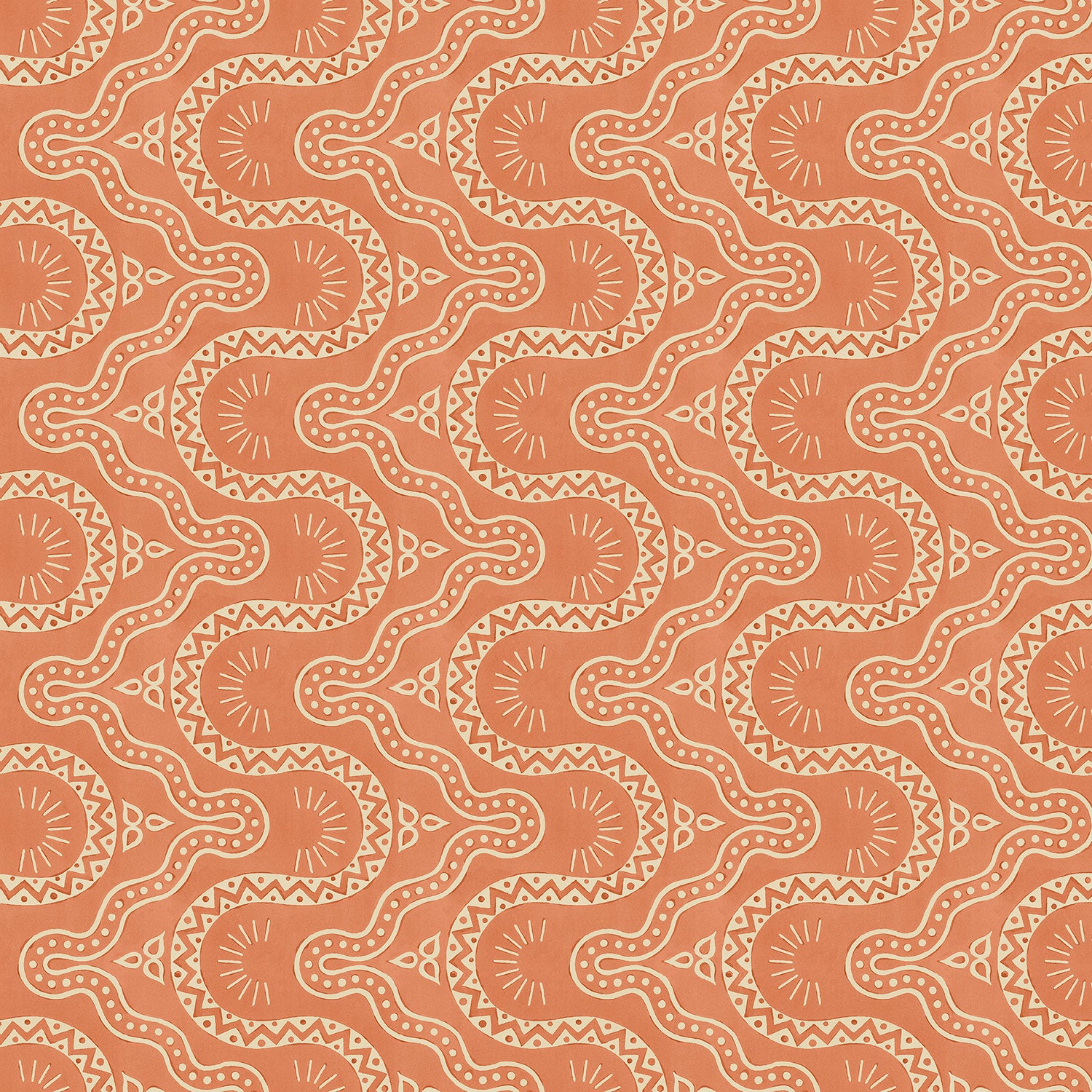 Sitting room with a orange geometric wallpaper.