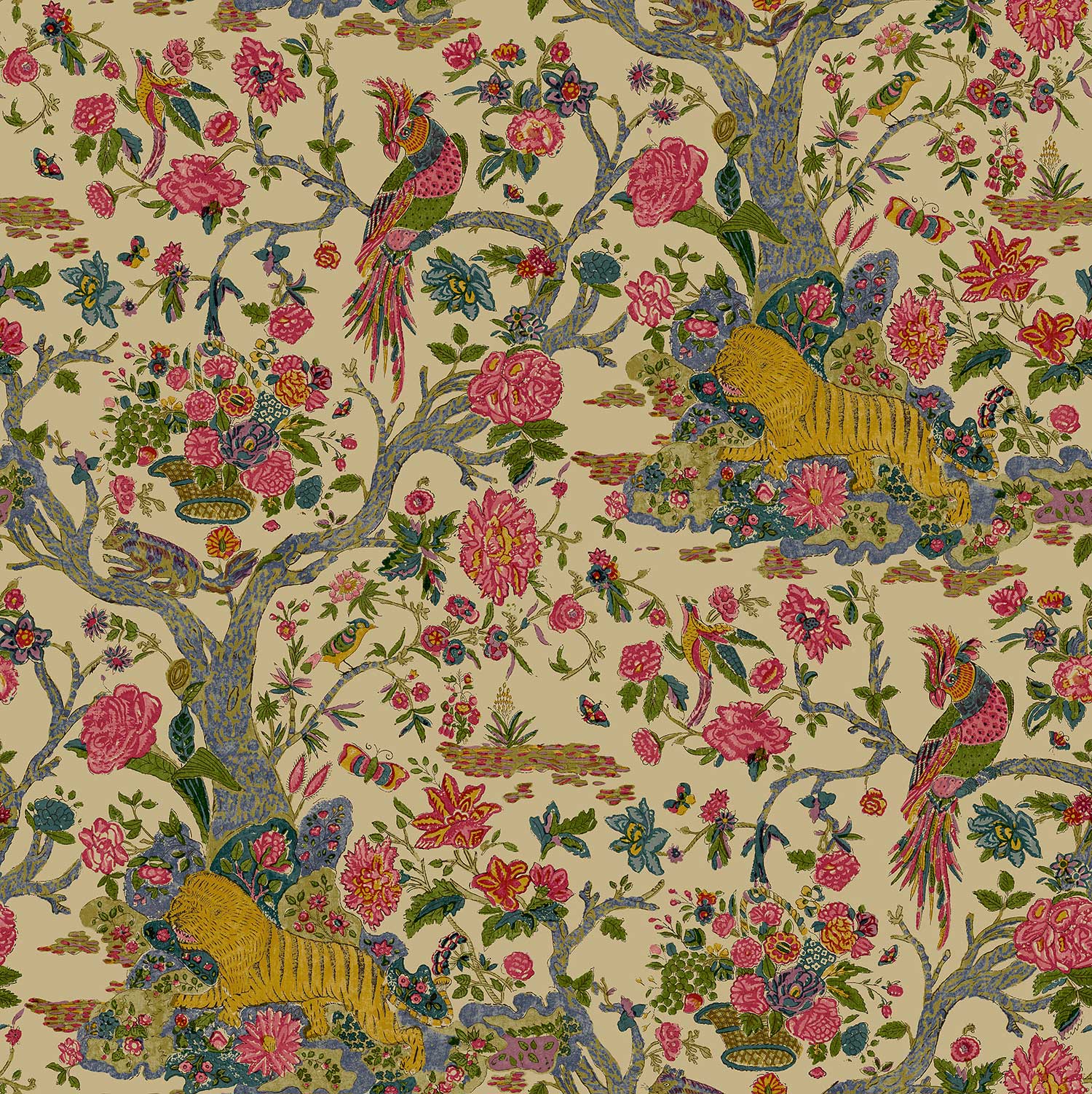 Sample of a printed velvet fabric depicts a menagerie of parrots, lions, and alluring flowers in cream