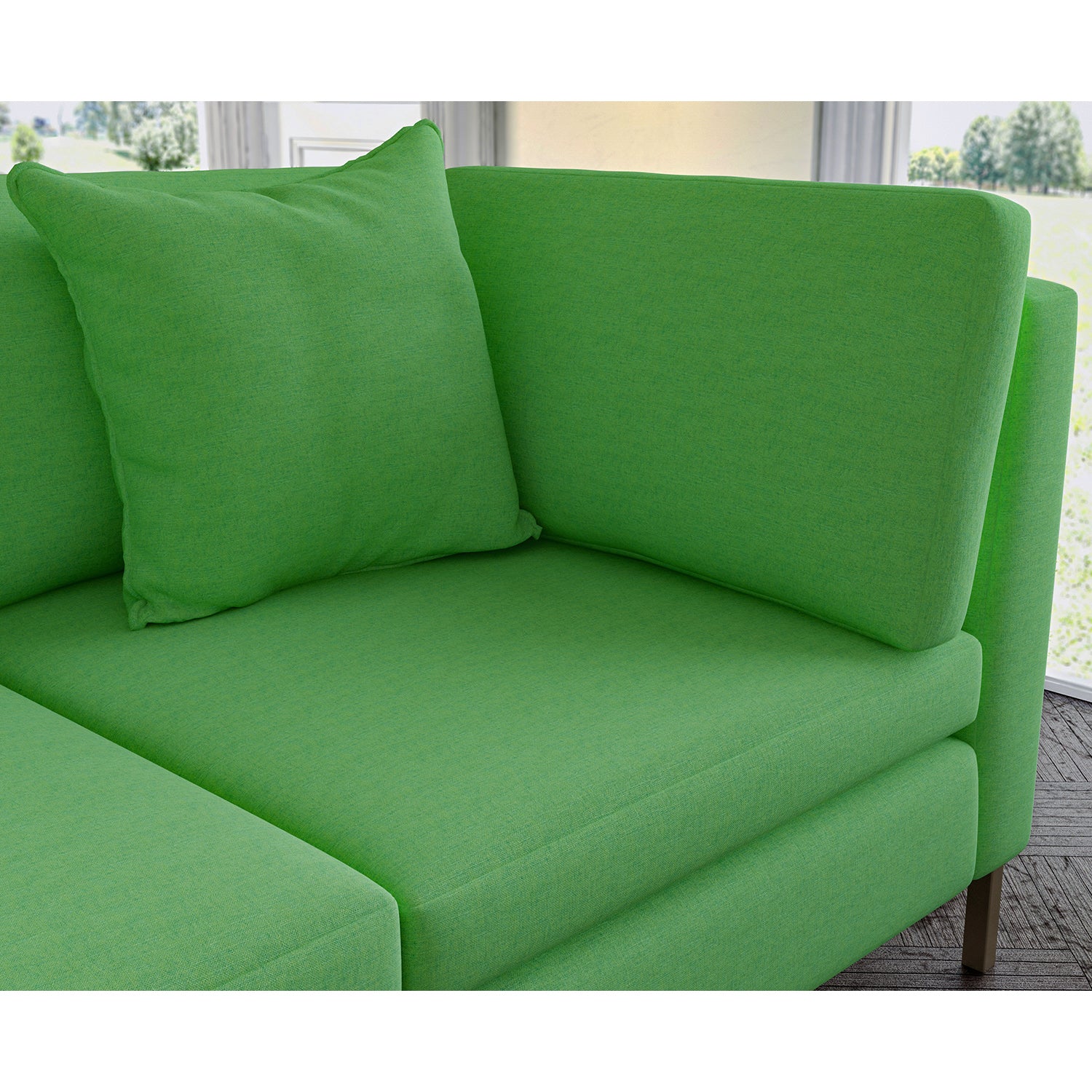 Sofa covered in plain fabric, colour Mantis.