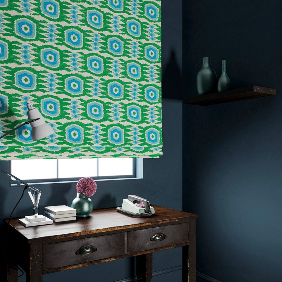 Velvet blinds featuring a fun, jazzy pattern in Seagreen.