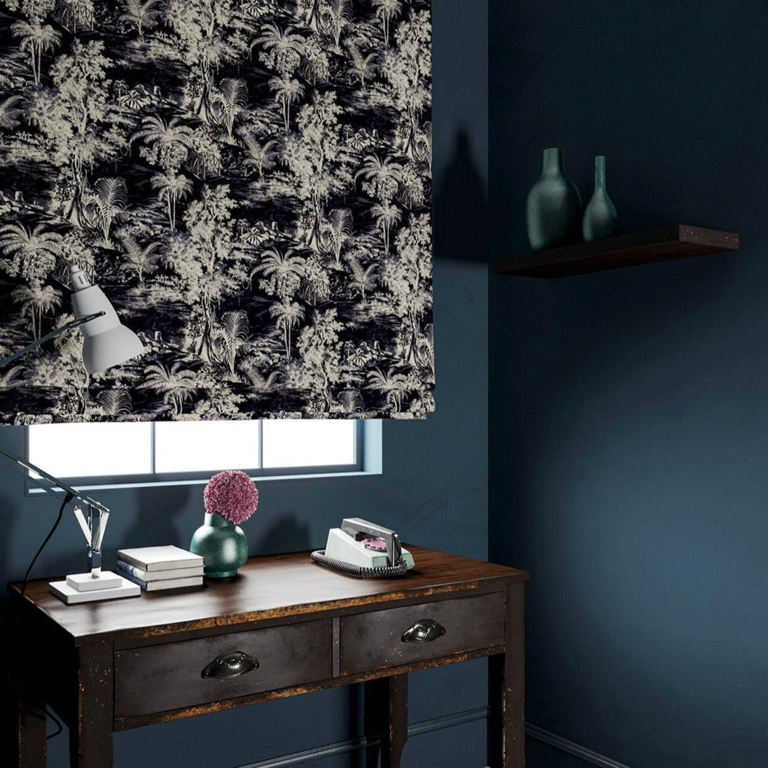 Blind in a printed velvet fabric featuring a rich, tropical-style toile in dark grey.
