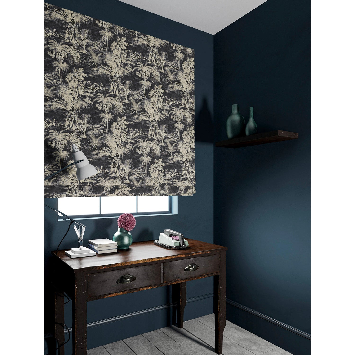 Blind in a printed velvet fabric featuring a rich, tropical-style toile in slate.