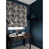 Blind in a printed velvet fabric featuring a rich, tropical-style toile in slate.