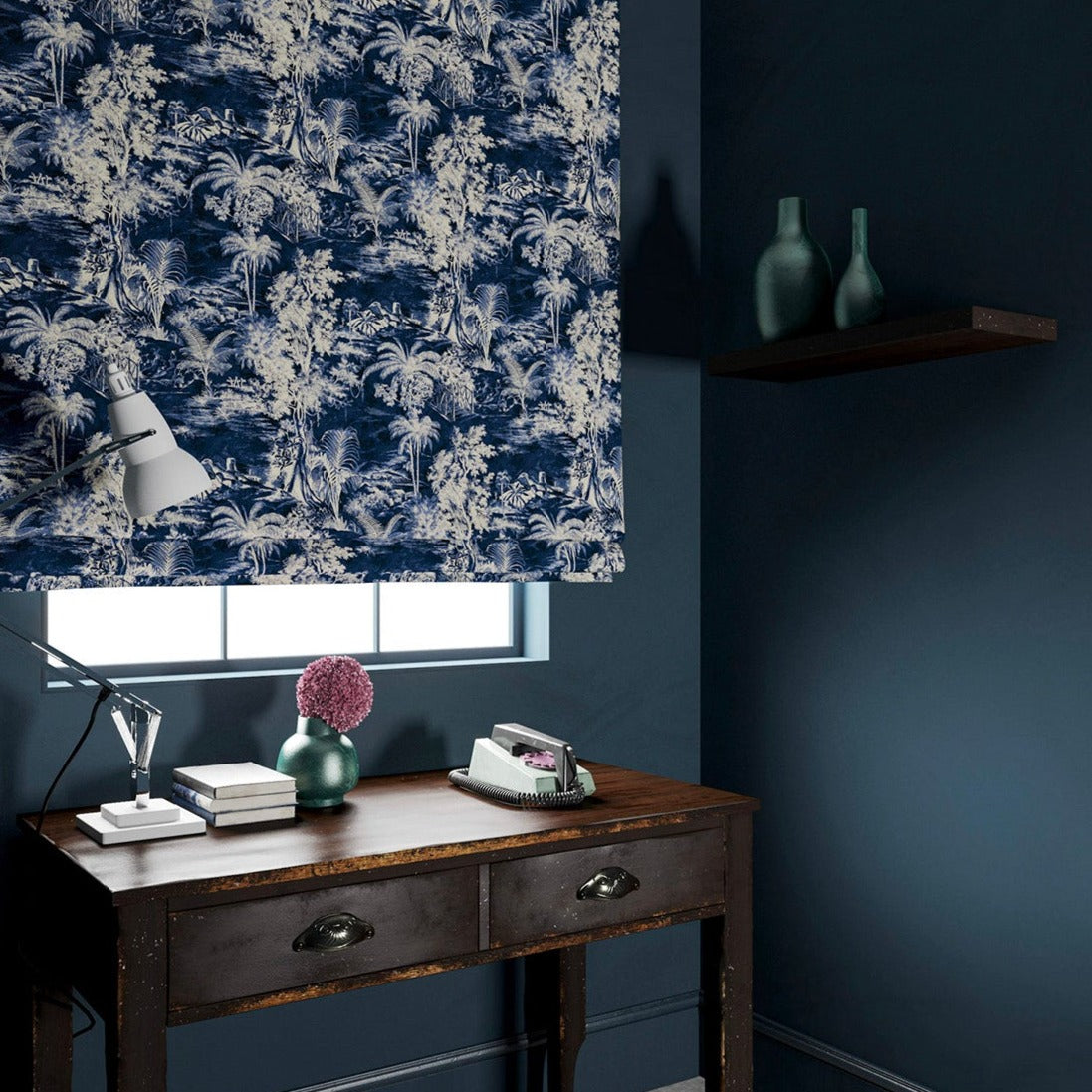 Blind in a printed velvet fabric showcasing a rich, tropical-style toile in Indigo.