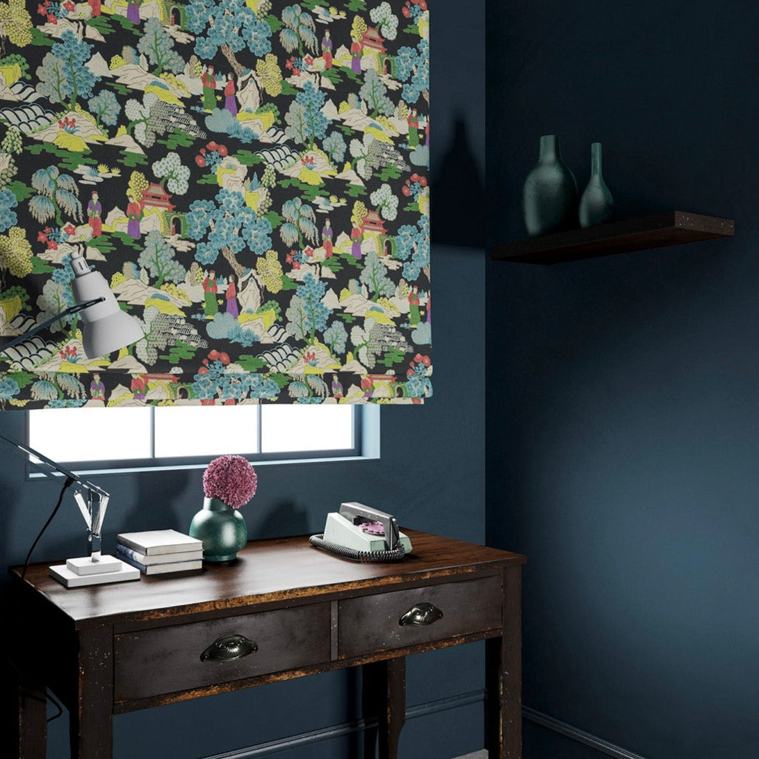 Blind in a printed velvet fabric featuring a Japanese-style toile in blue and yellow.