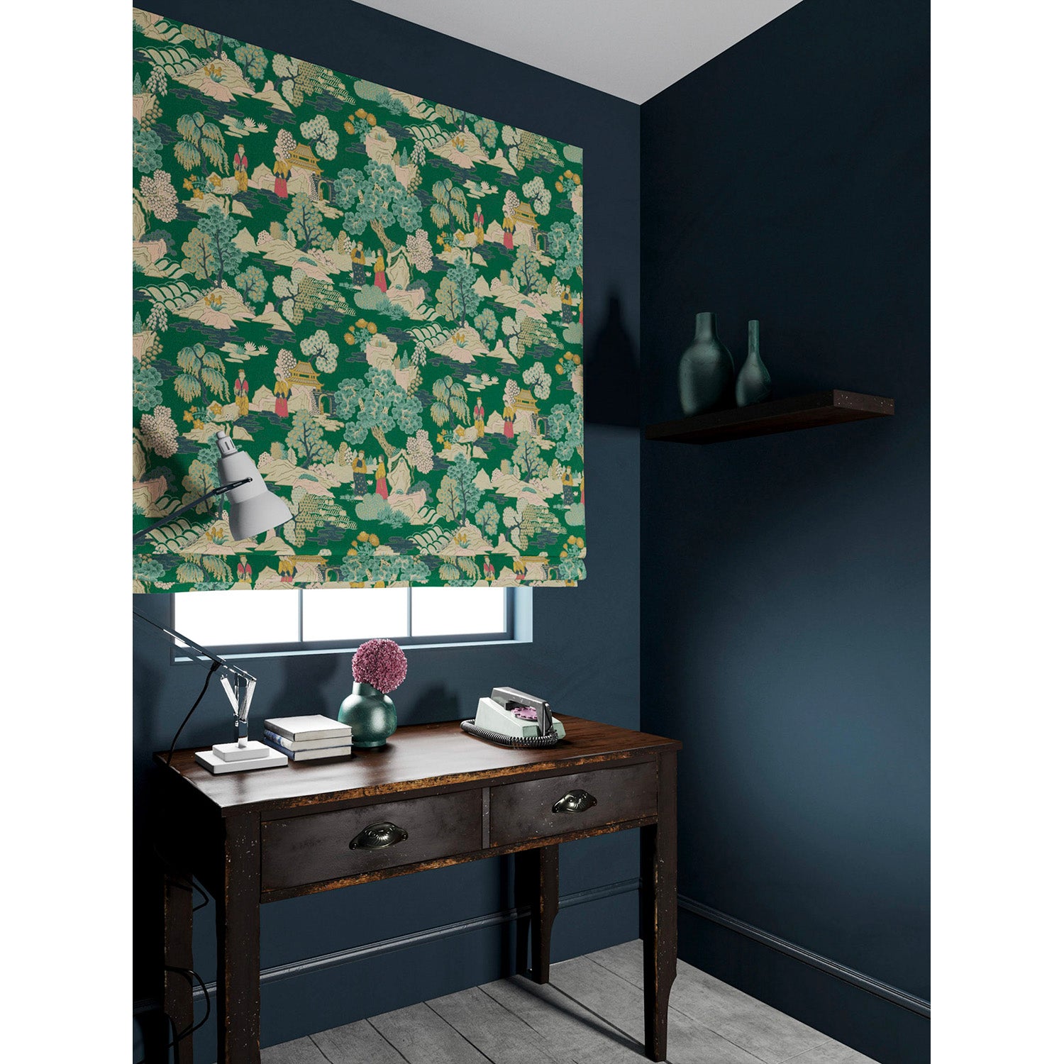 Blind in a printed velvet fabric featuring a Japanese-style toile in green.