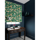 Blind in a printed velvet fabric featuring a Japanese-style toile in green.
