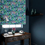Blind in a floral-style printed velvet fabric in blues and greens.