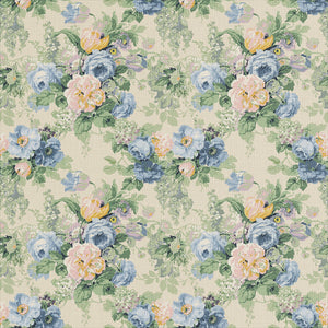 Printed linen fabric with bouquets of roses in a blue and green colourway.