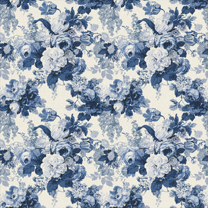Printed linen fabric with bouquets of blue and white roses.