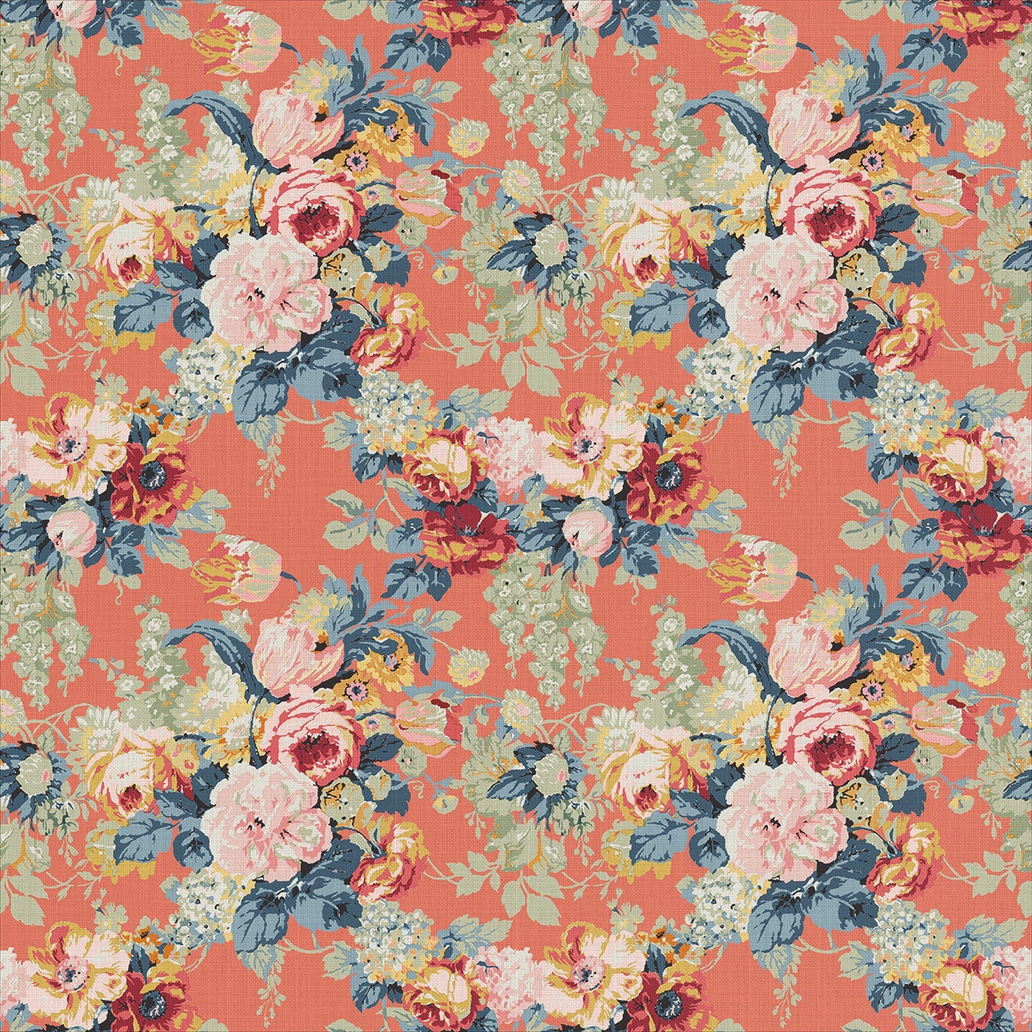 Printed linen fabric with bouquets of roses on an orange backdrop.