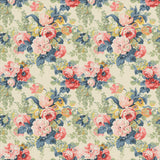 Printed linen fabric with bouquets of roses in gentle pinks and reds.
