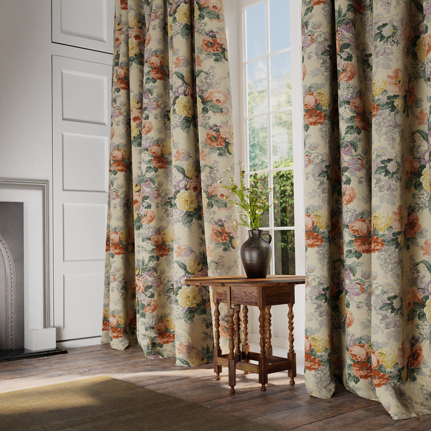 Curtains in a printed linen fabric with bouquets of roses on a tea-stained background.