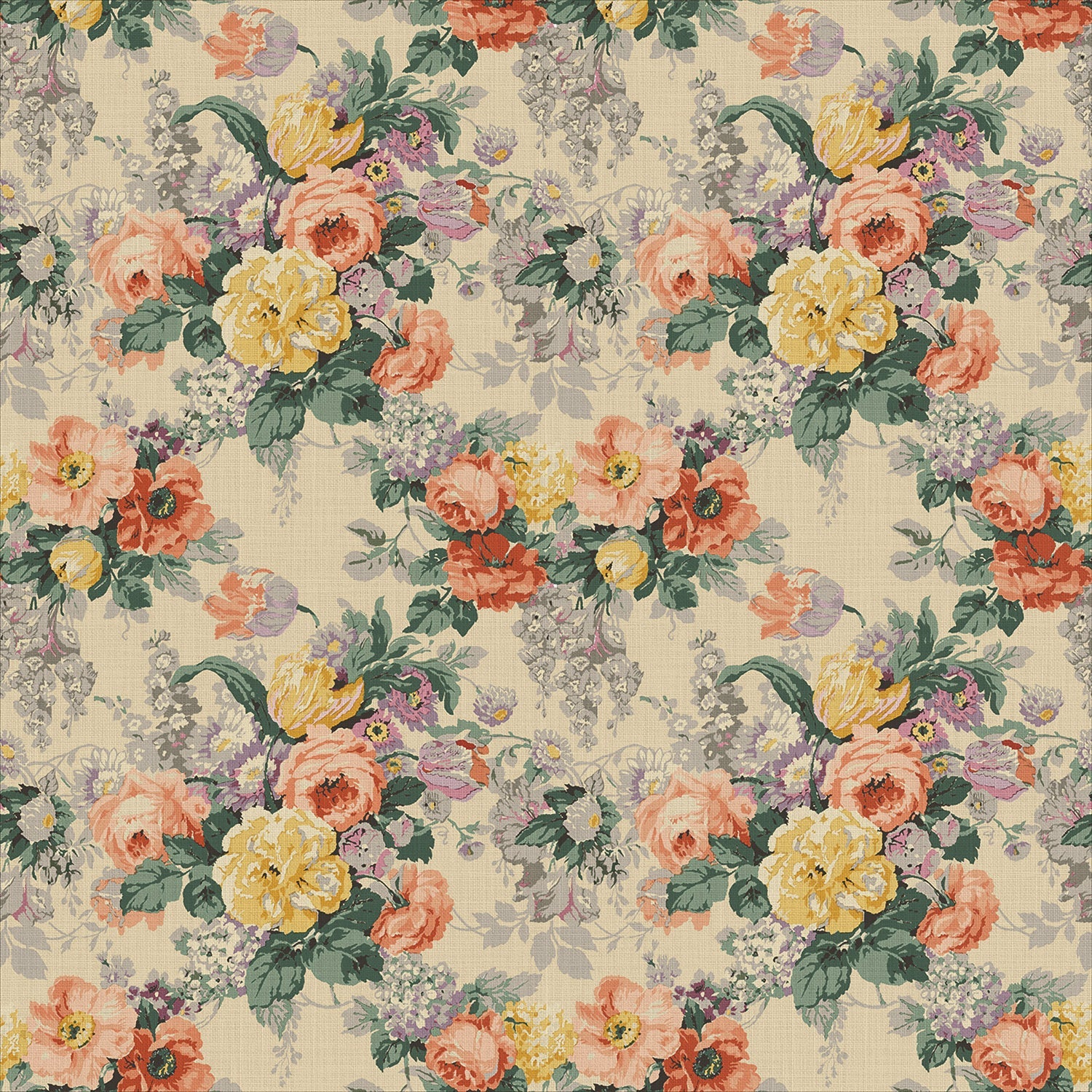 Printed linen fabric with bouquets of roses on a tea-stained background.