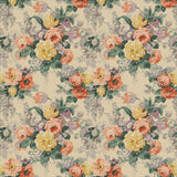 Printed linen fabric with bouquets of roses on a tea-stained background.