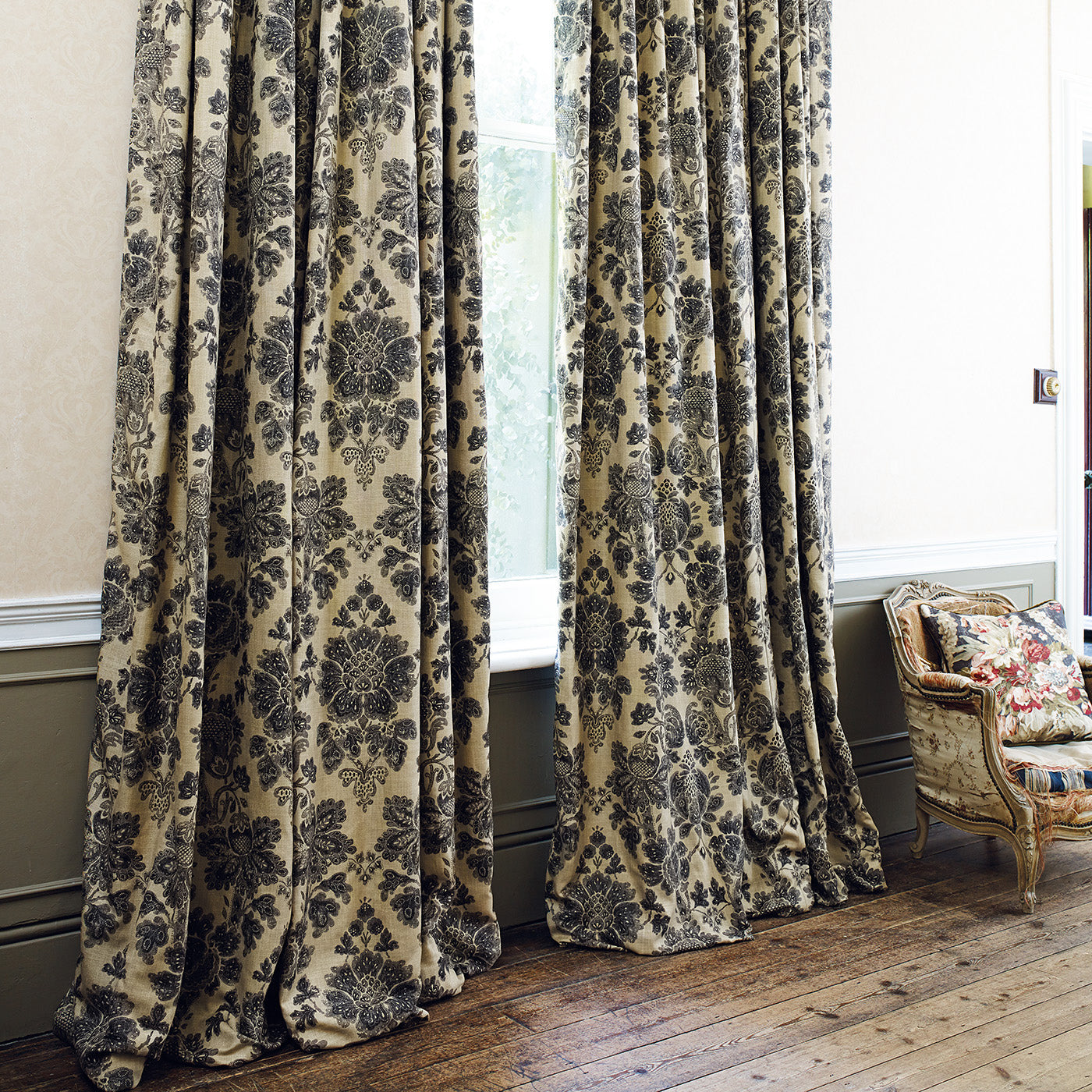 Curtains in a classic beige and dark grey floral damask fabric