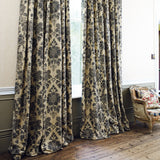 Curtains in a classic beige and dark grey floral damask fabric