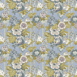 Fabric swatch of a lively, large scale floral fabric with lilac tones for curtains and upholstery