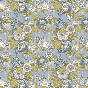 Fabric swatch of a lively, large scale floral fabric with lilac tones for curtains and upholstery