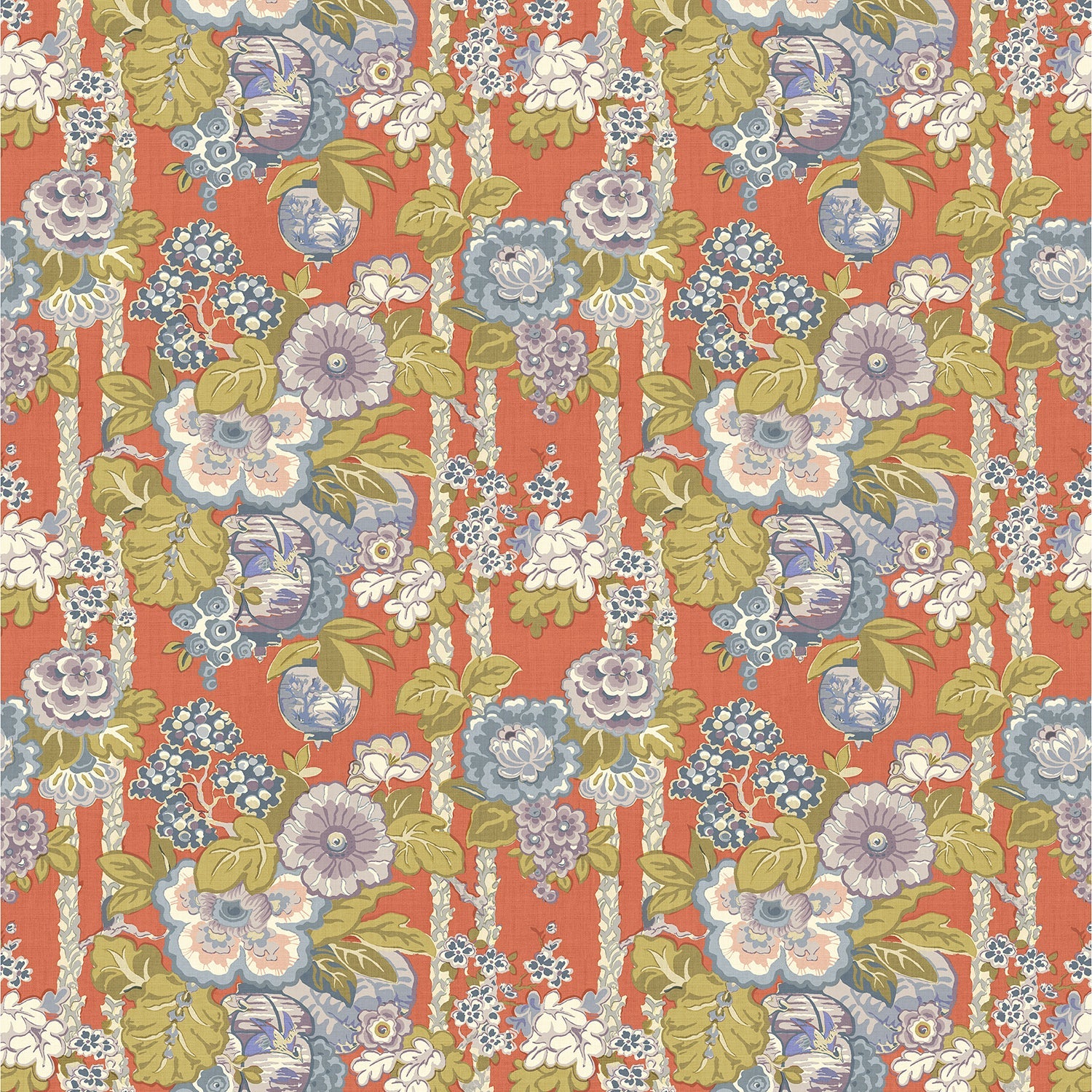 Fabric swatch of a lively, large scale floral fabric for curtains and upholstery with orange and lilac tones