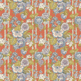 Fabric swatch of a lively, large scale floral fabric for curtains and upholstery with orange and lilac tones