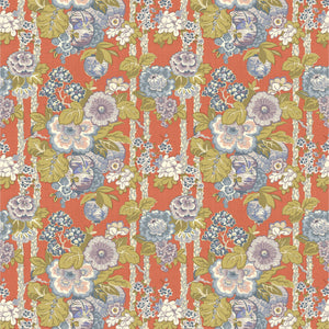 Fabric swatch of a lively, large scale floral fabric for curtains and upholstery with orange and lilac tones