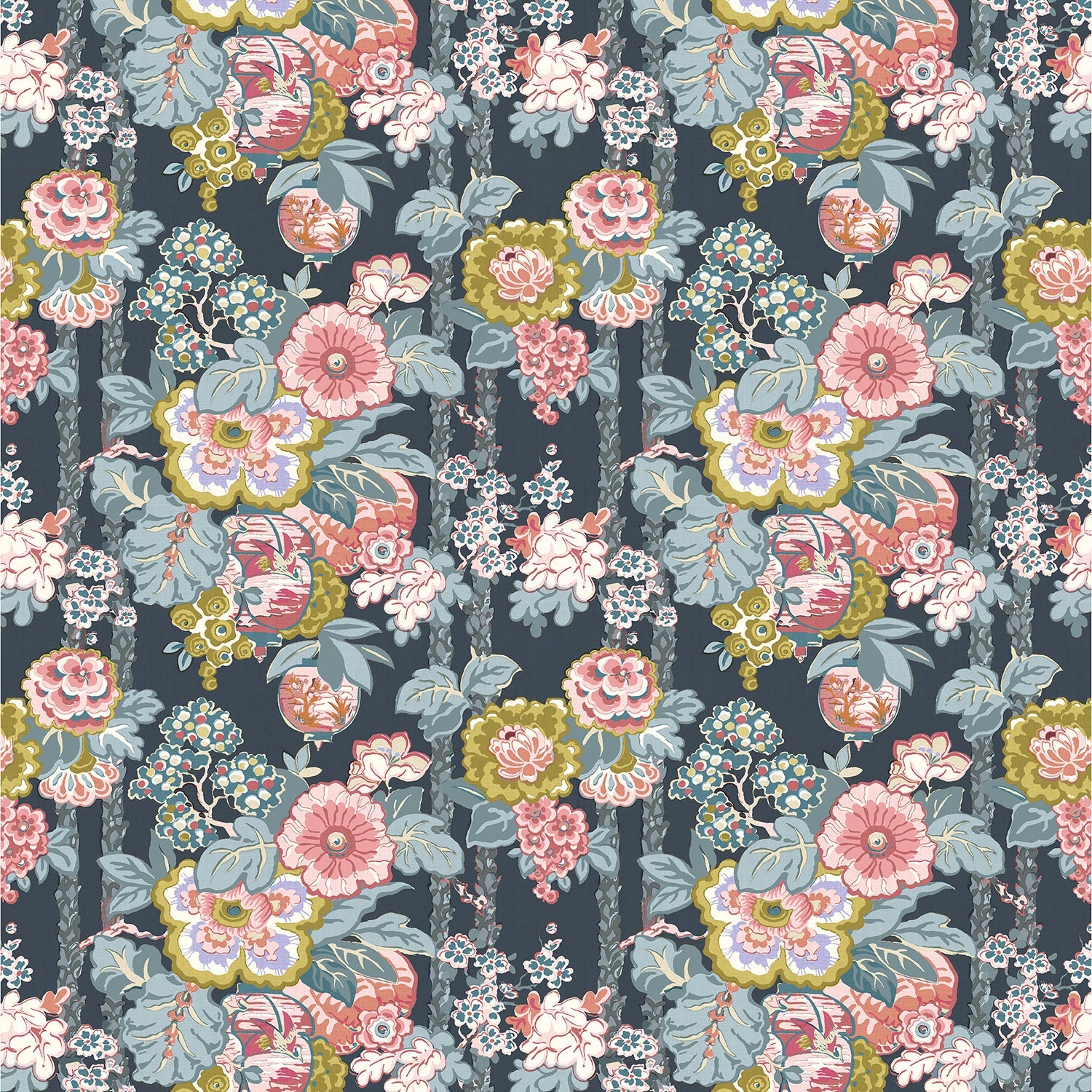 Fabric swatch of a lively, large scale floral fabric for curtains and upholstery
