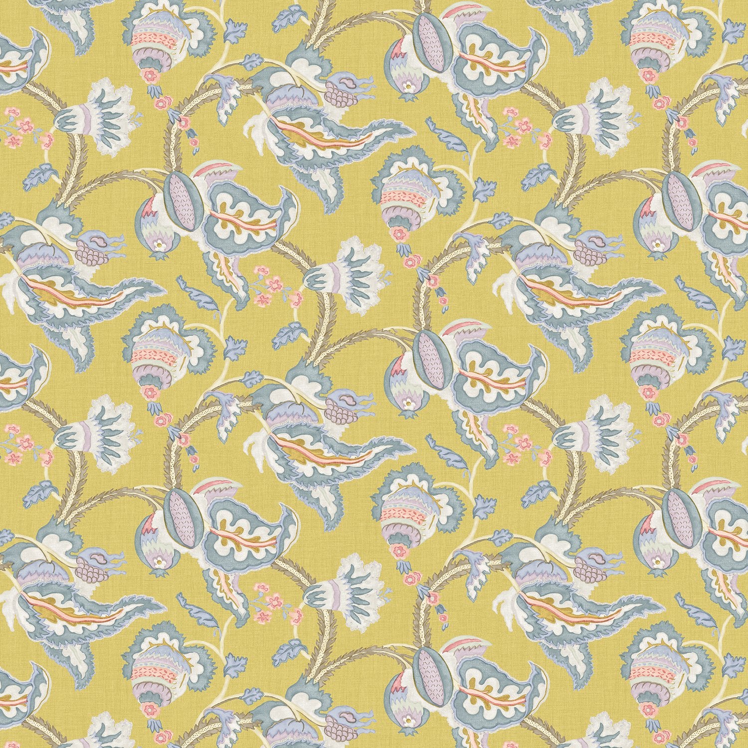 Fabric swatch of a floral vine design linen fabric for curtains and upholstery