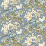 Fabric swatch of a floral and bird linen fabric for curtains and upholstery