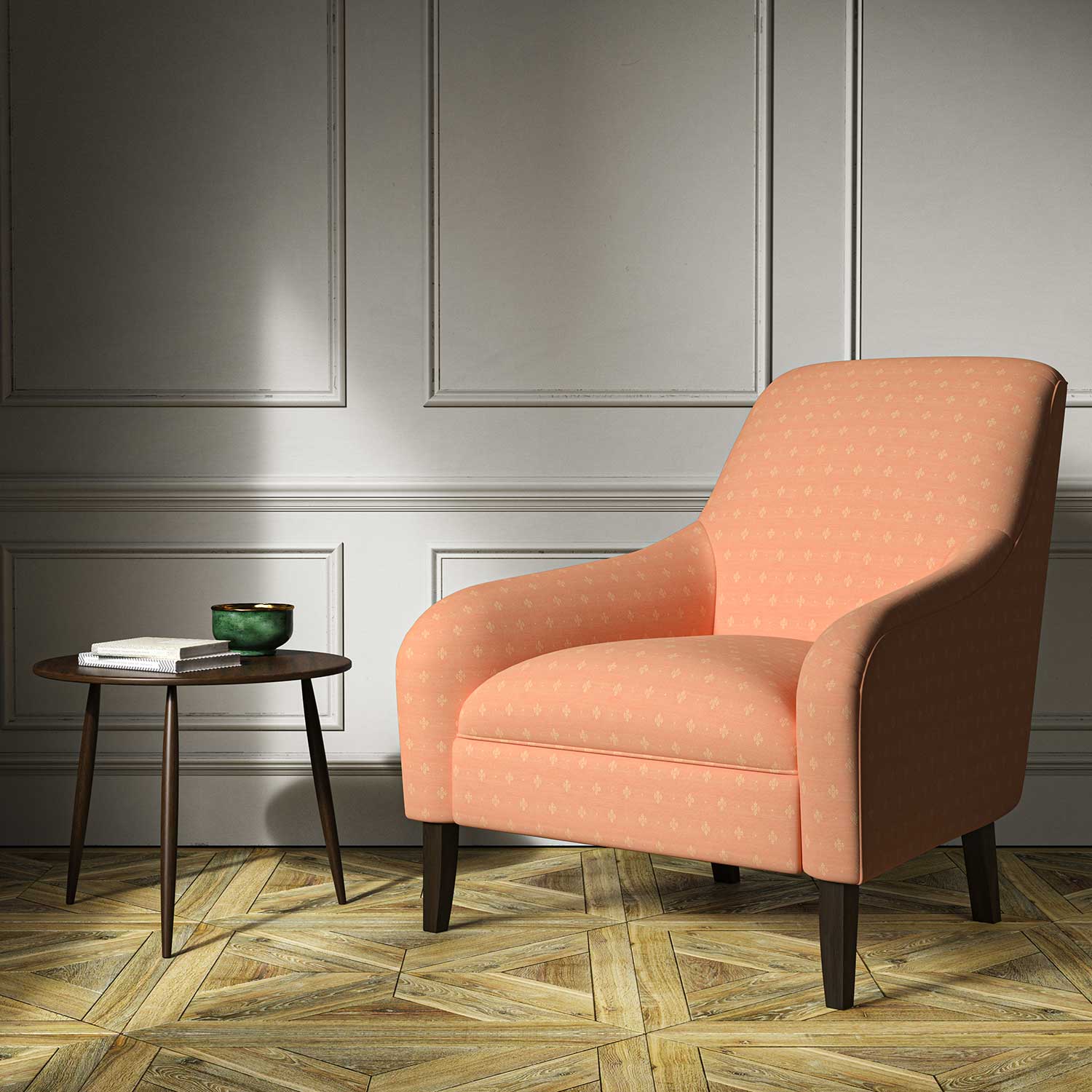 A orange woven fabric on an armchair.