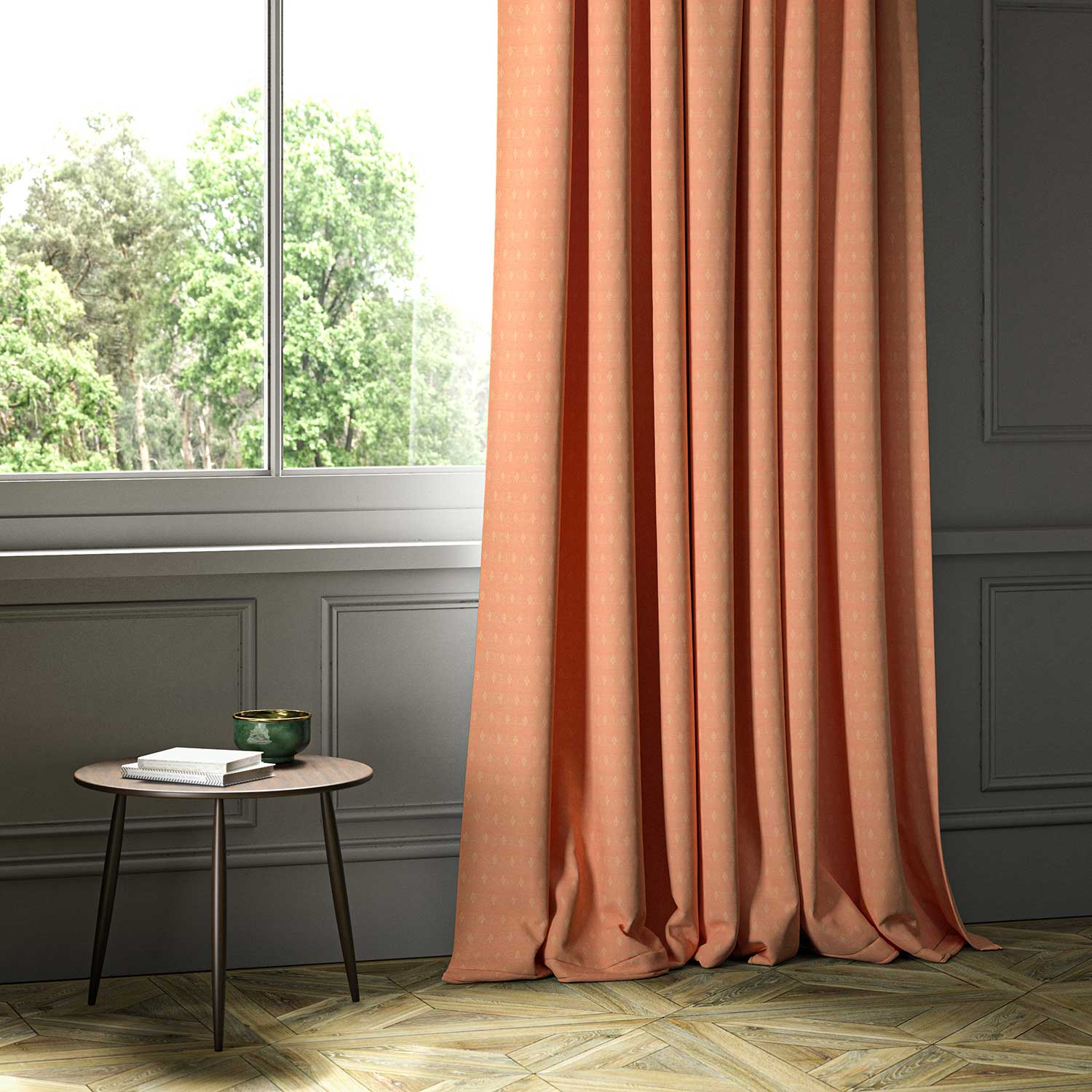 A orange woven fabric shown as a curtain.