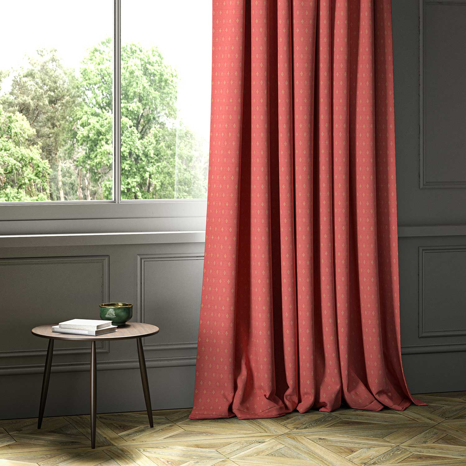 A red woven fabric shown as a curtain.