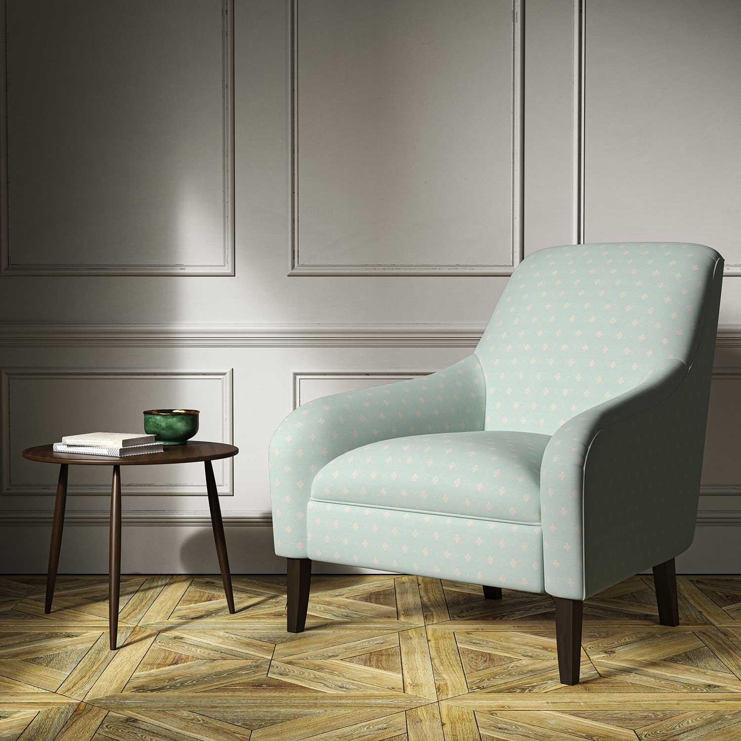 A blue woven fabric on an armchair.