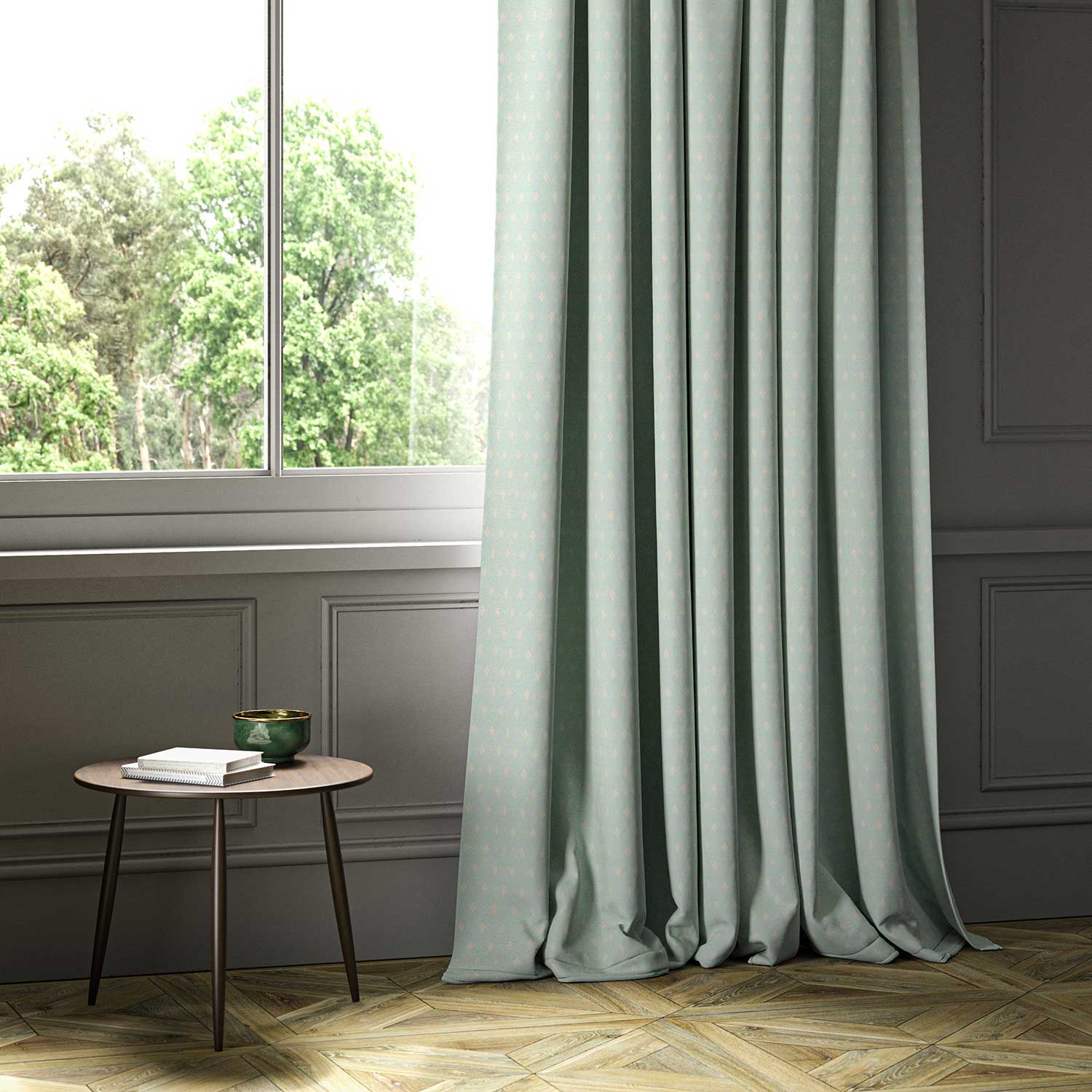 A blue woven fabric shown as a curtain.