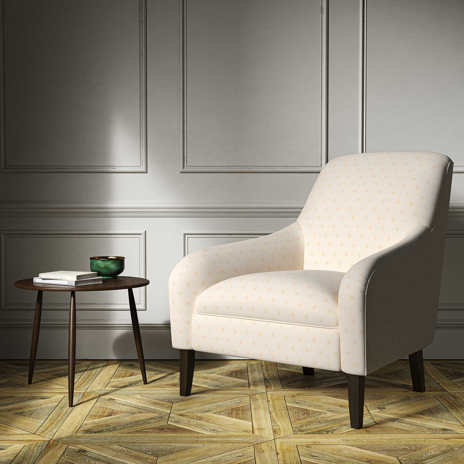 A white woven fabric on an armchair.