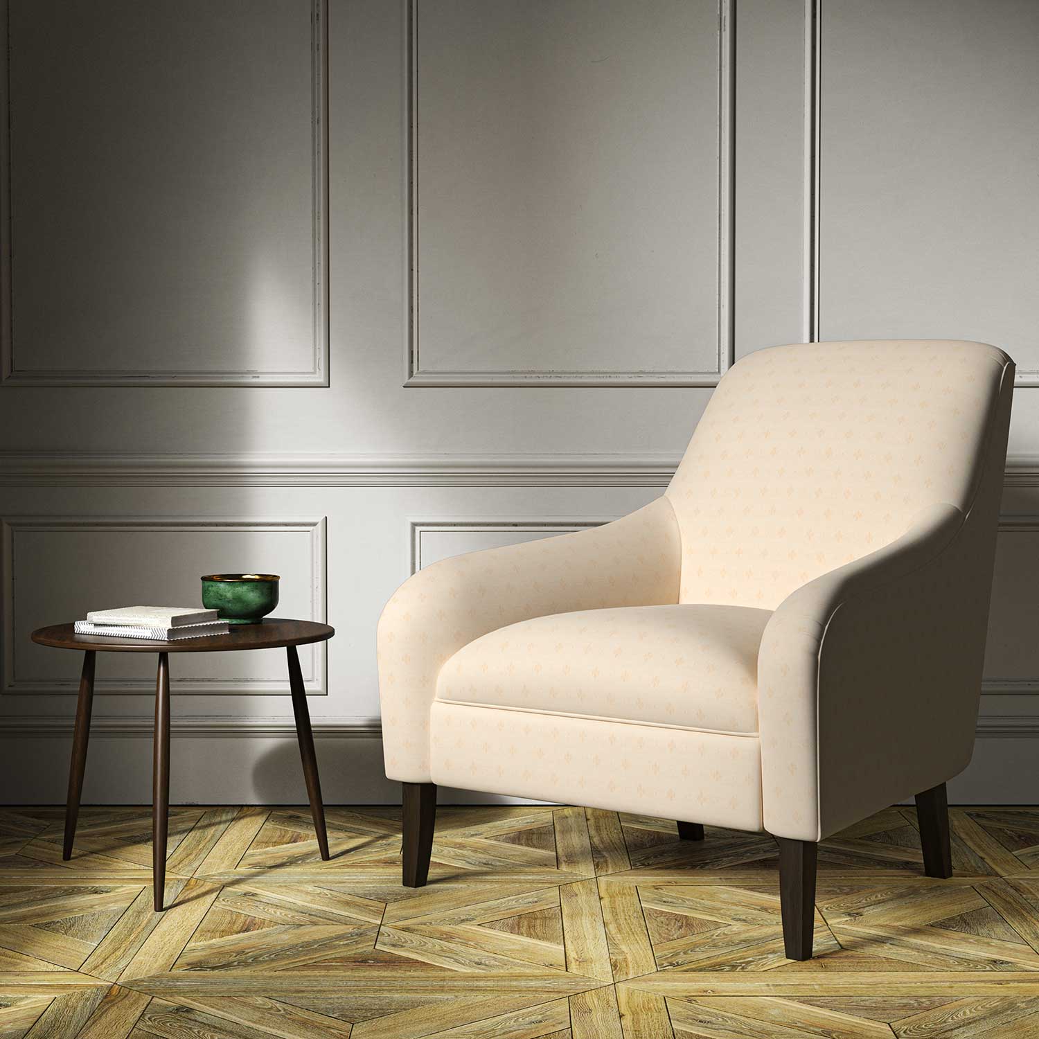 A cream woven fabric on an armchair.