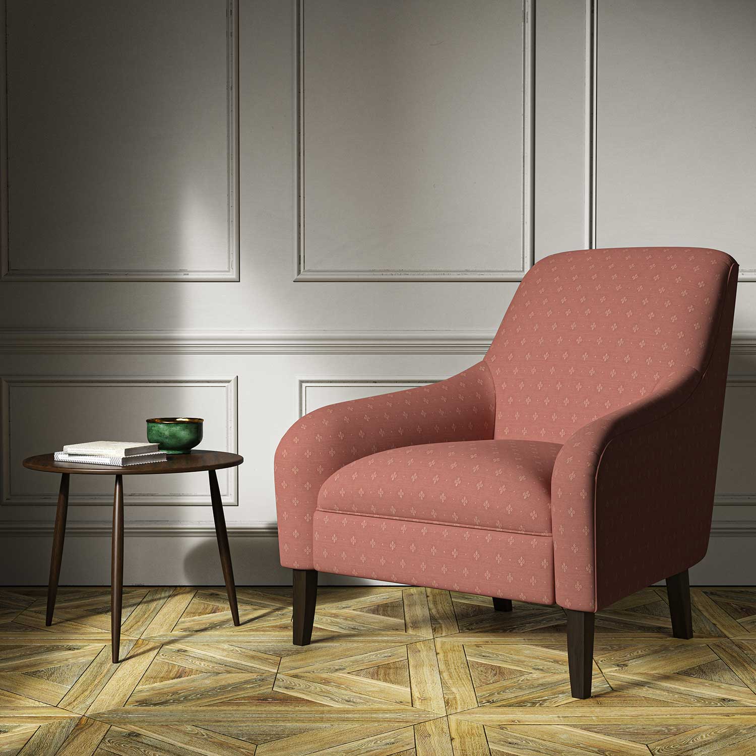 A red woven fabric on an armchair.