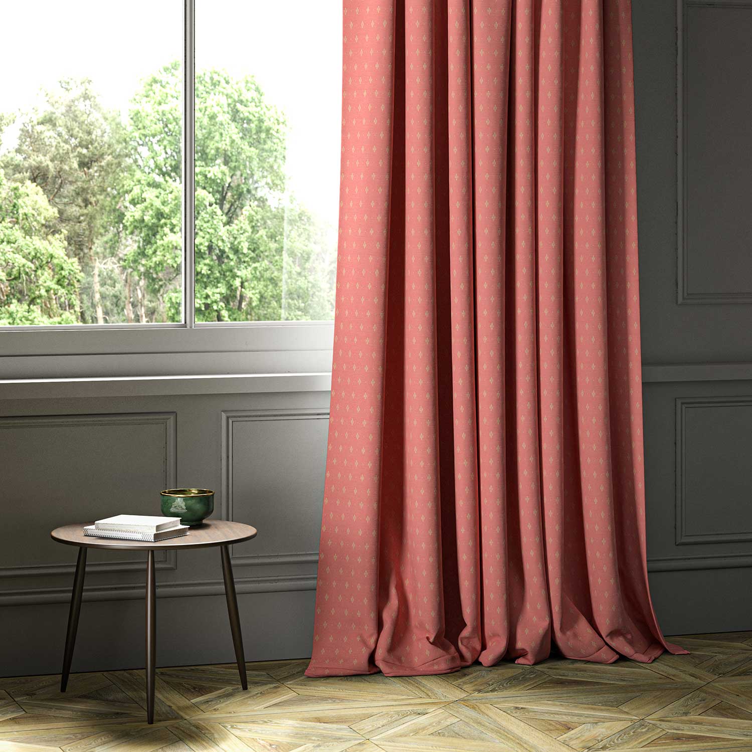 A pink woven fabric shown as a curtain.