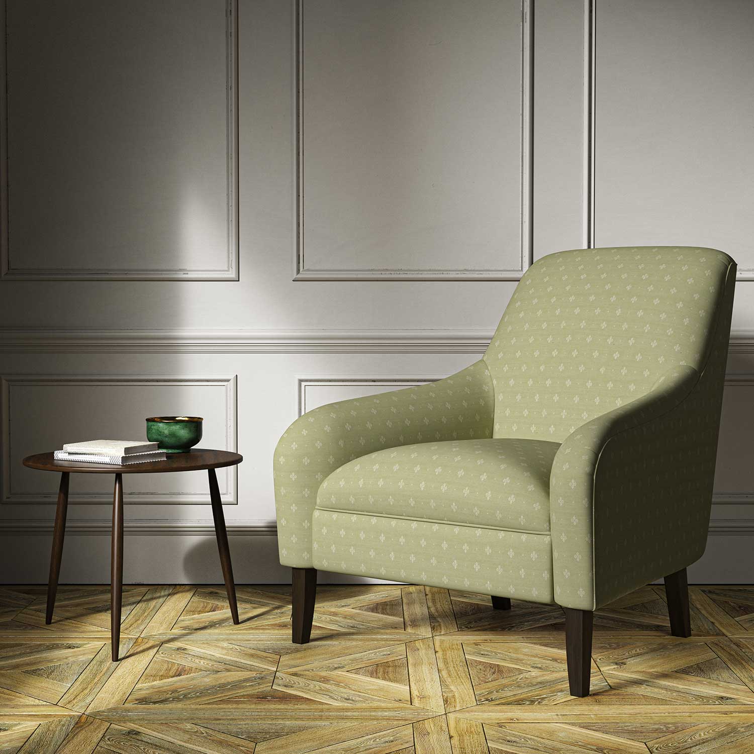 A green woven fabric on an armchair.