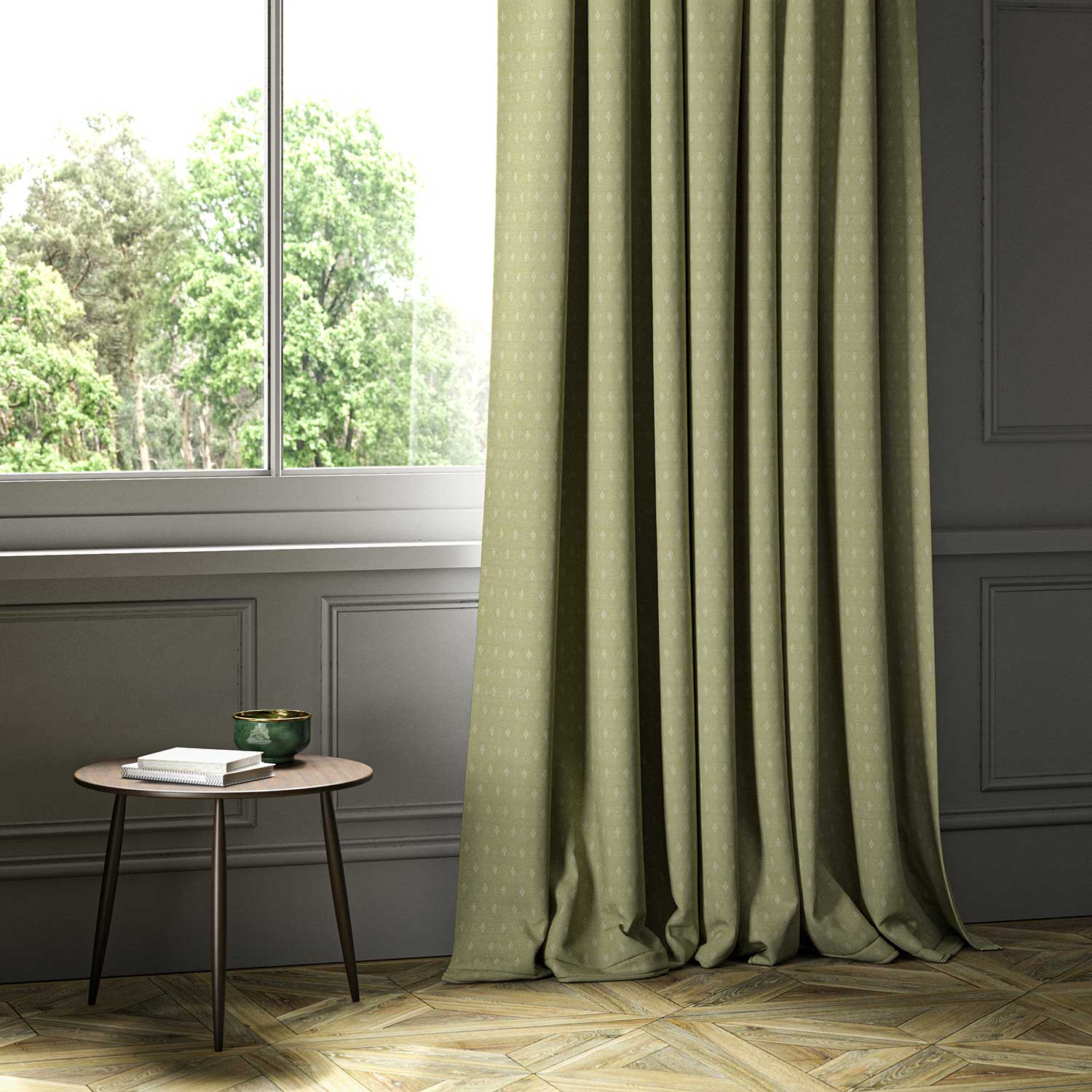A eden woven fabric shown as a curtain.