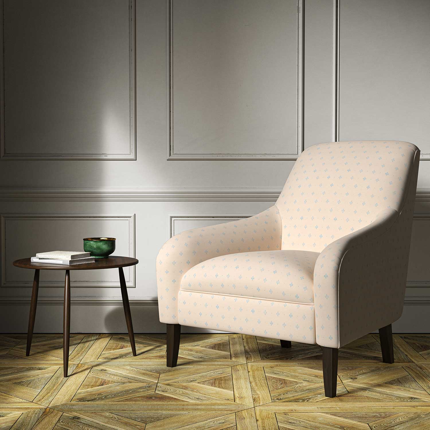 A cream woven fabric on an armchair.