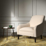 A cream woven fabric on an armchair.