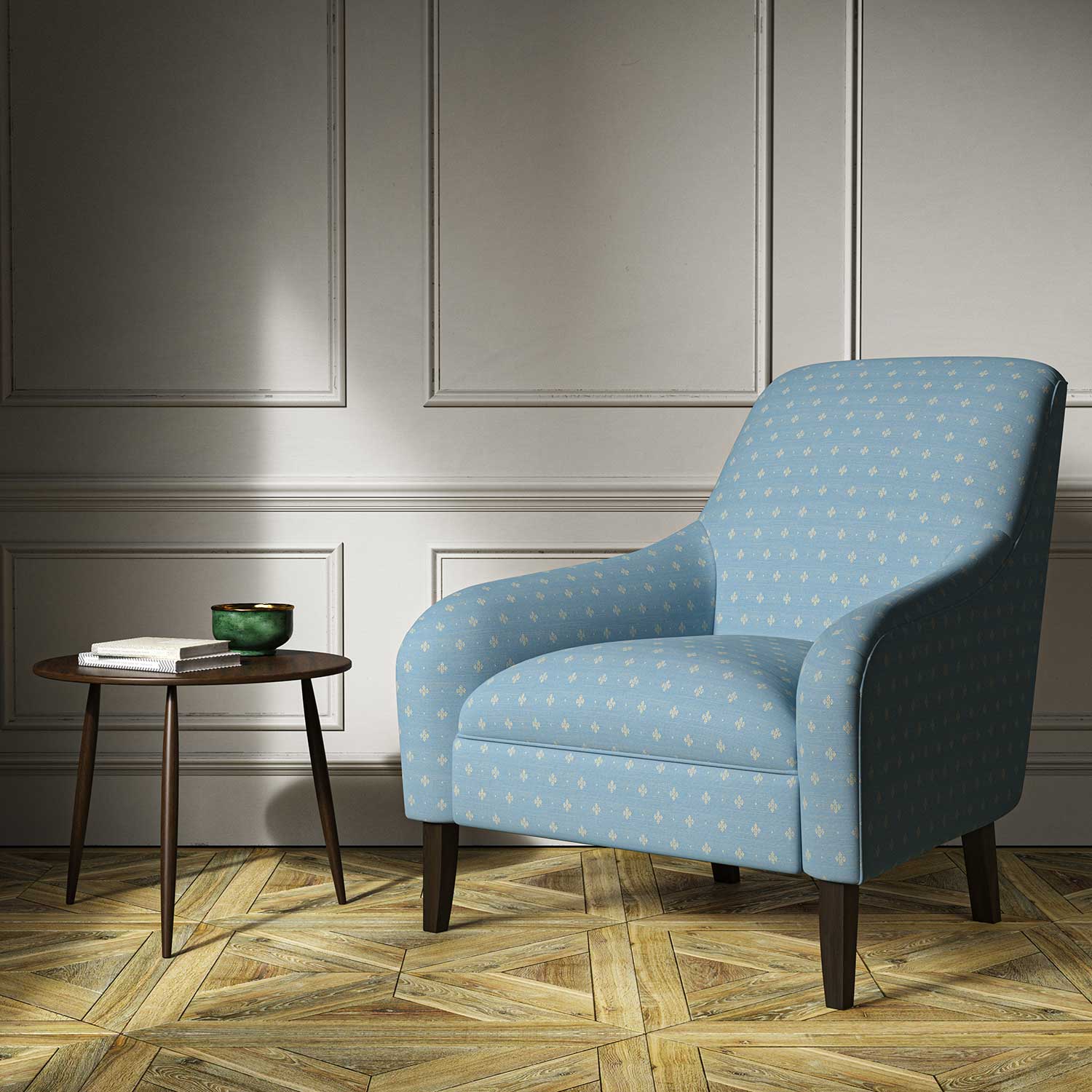 A blue woven fabric on an armchair.