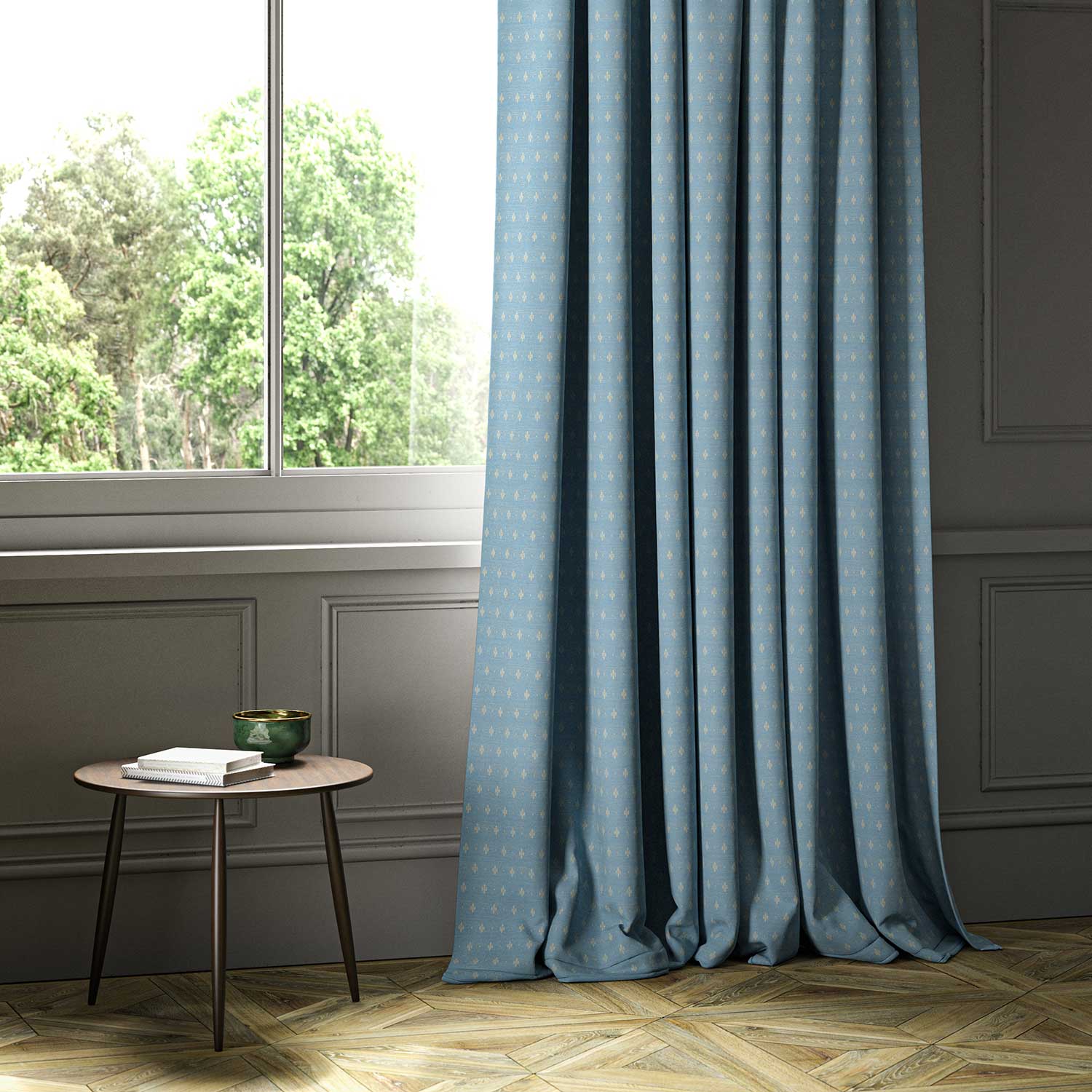A blue woven fabric shown as a curtain.