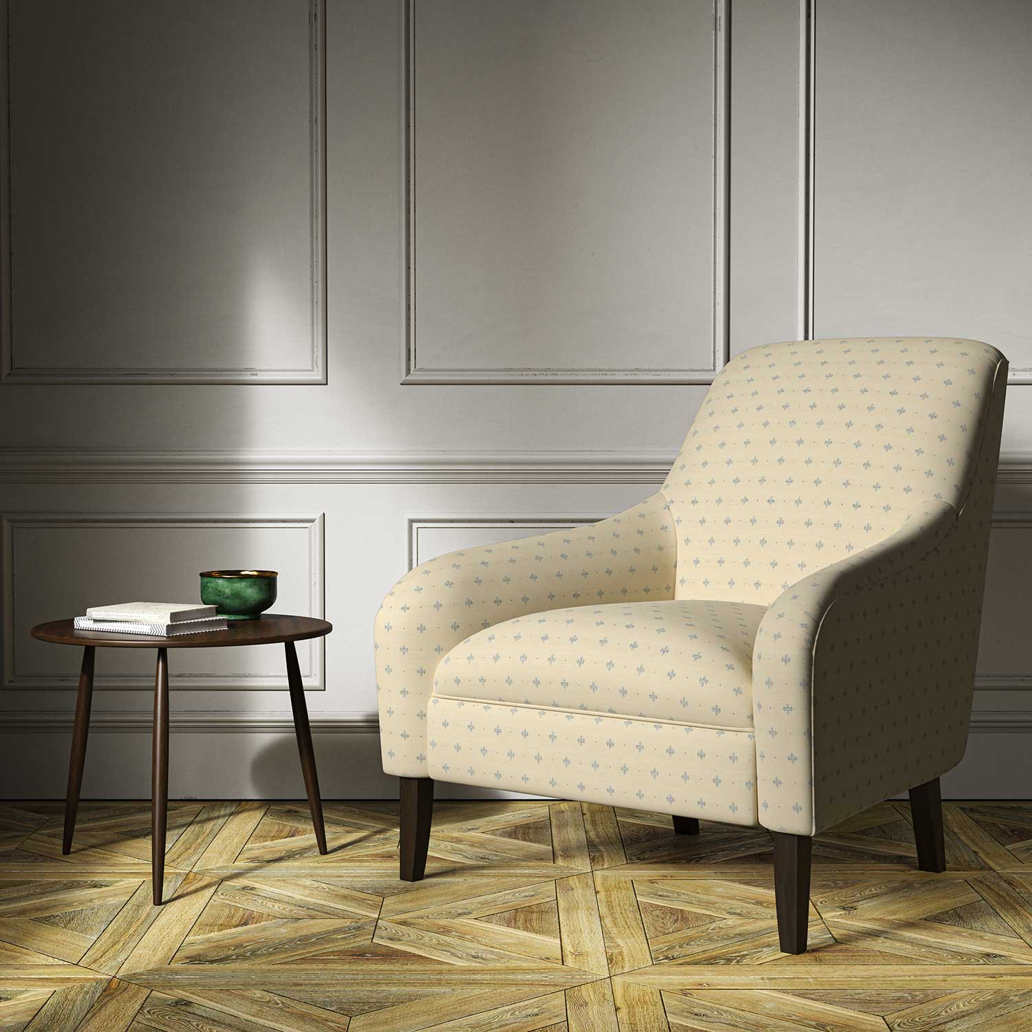 A cream woven fabric on an armchair.