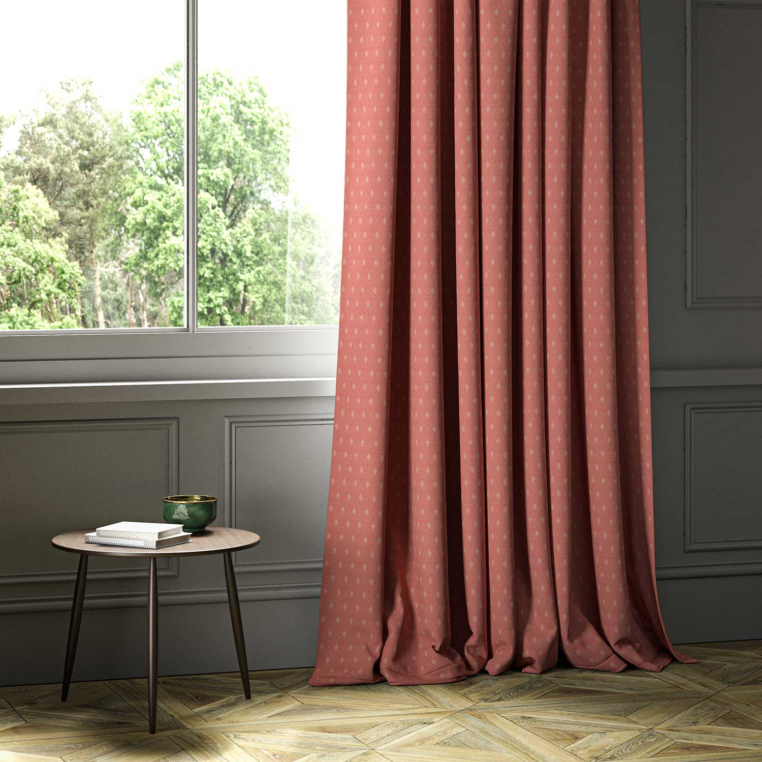 A pink woven fabric shown as a curtain.
