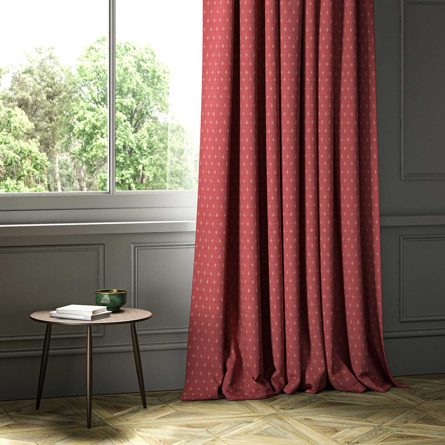 A red woven fabric shown as a curtain.