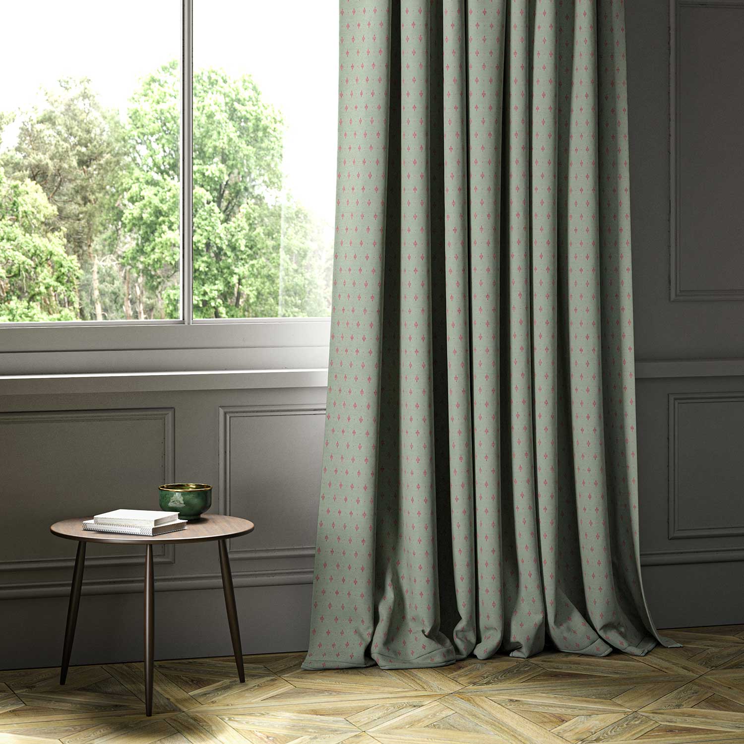 A blue woven fabric shown as a curtain.