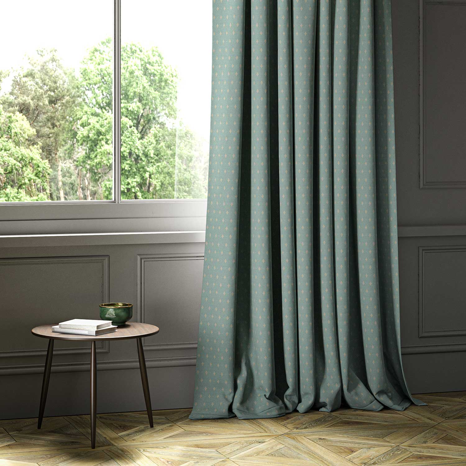 A blue woven fabric shown as a curtain.